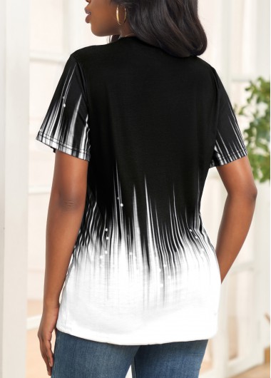 Black tops,White tops,Ombre tops,Striped tops,Dot tops,Lace Ombre Black V Neck T Shirt