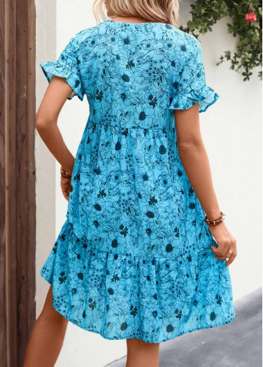 Neon Blue dresses,Floral dresses,Frill Button Detail Floral Print Neon Blue Dress