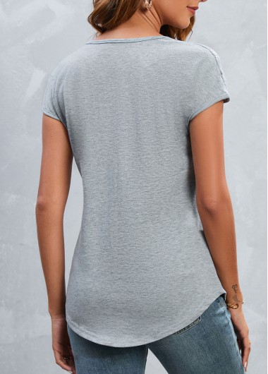Grey tops,Plain Color tops,Zipper Grey Round Neck Short Sleeve T Shirt