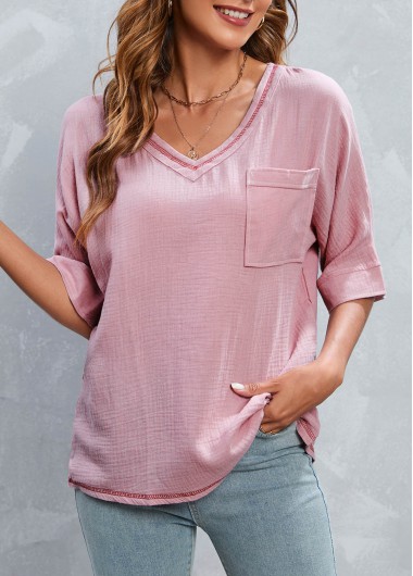 Pink tops,Plain Color tops,Pocket Pink V Neck Half Sleeve T Shirt
