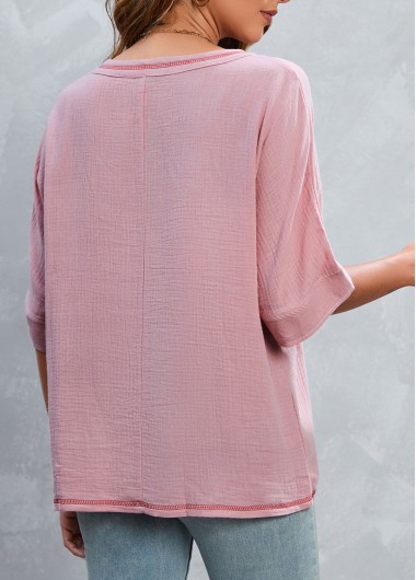 Pink tops,Plain Color tops,Pocket Pink V Neck Half Sleeve T Shirt