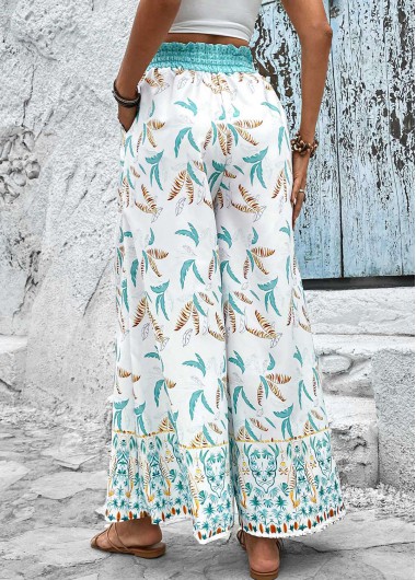 Mint Green bottoms,White bottoms,Plants bottoms,Smocked Leaf Print Mint Green Elastic Waist Pants