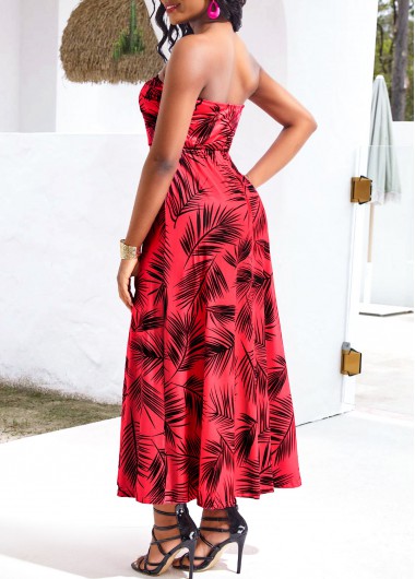 Red dresses,Plants dresses,Vacation dresses,Vacation dresses,Umbrella Hem Leaf Print Red Bandeau Maxi Dress