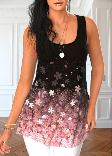Light Pink tops,Black tops,Floral tops,Ombre tops,ROTITA Floral Print Light Pink Cardigan and Tank Top