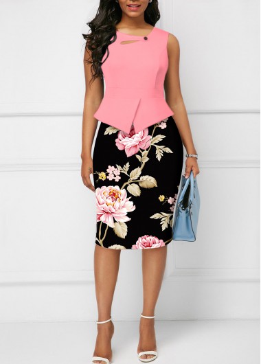 Pink dresses,Black dresses,Floral dresses,ROTITA Cut Out Floral Print Pink Bodycon Dress
