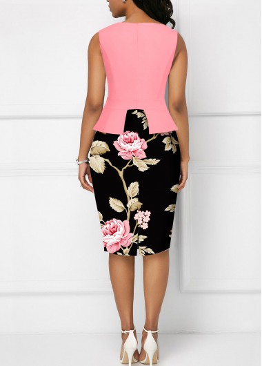 Pink dresses,Black dresses,Floral dresses,ROTITA Cut Out Floral Print Pink Bodycon Dress