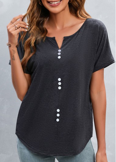 Dark Grey tops,Plain Color tops,Button Dark Grey Split Neck T Shirt