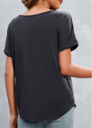 Dark Grey tops,Plain Color tops,Button Dark Grey Split Neck T Shirt