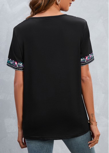 Black tops,Tribal tops,Floral tops,Plants tops,Lightweight Tribal Print Black V Neck T Shirt