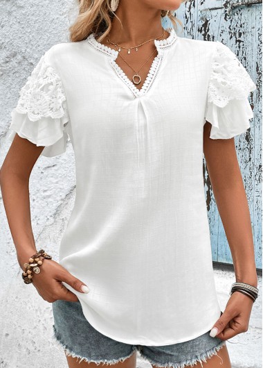 White tops,Plain Color tops,Lace Patchwork White Split Neck T Shirt