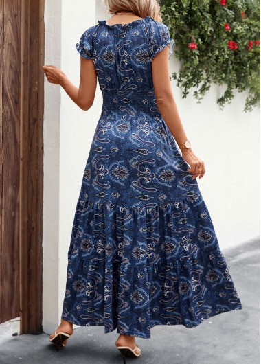 Dark Blue dresses,Tribal dresses,Smocked Tribal Print Dark Blue Maxi Dress