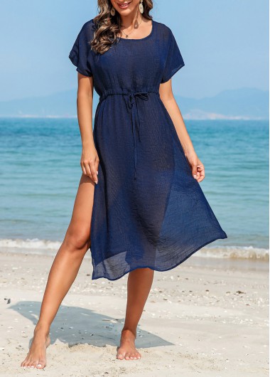 Navy swimwear,Plain Color swimwear,Drawstring Side Slit Navy Cover Up Dress