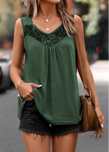 Green tops,Plain Color tops,Lace Green Scoop Neck Tank Top