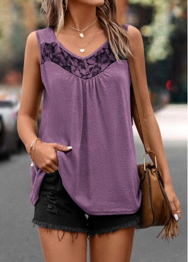 Light Purple tops,Plain Color tops,Lace Light Purple Scoop Neck Tank Top