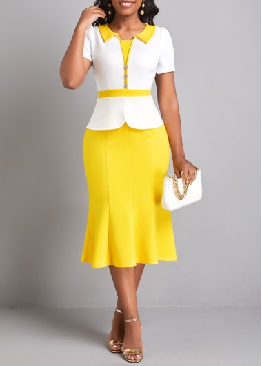 Yellow dresses,White dresses,Plain Color dresses,ROTITA Fake 2in1 Yellow Patchwork Bodycon Dress