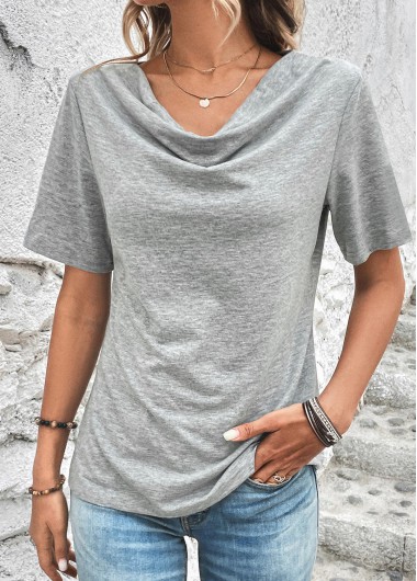 Light Grey Marl tops,Plain Color tops,Light Grey Marl Draped Neck T Shirt