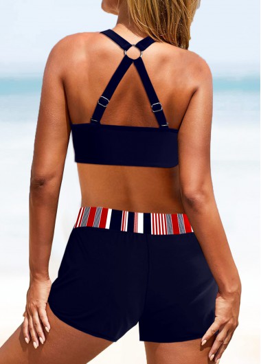 Navy swimwear,Striped swimwear,Geometric swimwear,ROTITA Criss Cross Navy Striped Bikini Top