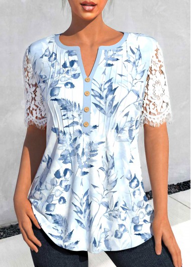Light Blue tops,Floral tops,Plants tops,ROTITA Lace Floral Print Light Blue Split Neck Blouse