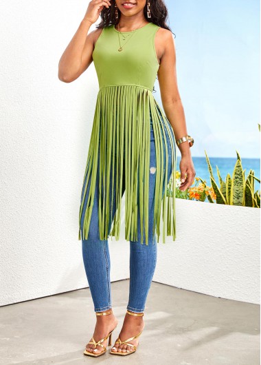 Avocado Green tops,Plain Color tops,ROTITA Tassel Avocado Green Round Neck Sleeveless T Shirt