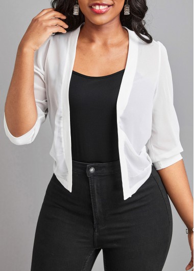 White tops,Plain Color tops,Lightweight White Open Front Half Sleeve Coat