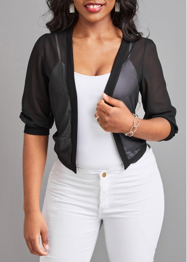 Black outerwear & coats,Plain Color outerwear & coats,Lightweight Black Open Front Half Sleeve Coat