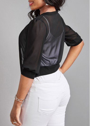 Black outerwear & coats,Plain Color outerwear & coats,Lightweight Black Open Front Half Sleeve Coat