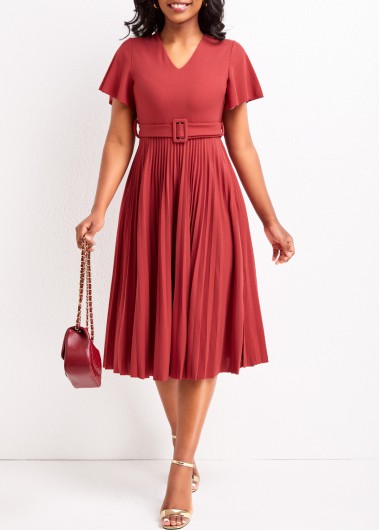 Coral dresses,Plain Color dresses,Pleated Coral Belted V Neck Short Sleeve Dress