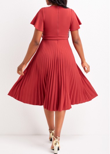 Coral dresses,Plain Color dresses,Pleated Coral Belted V Neck Short Sleeve Dress
