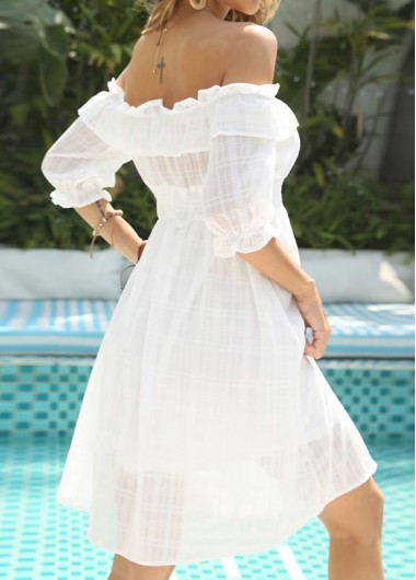 White dresses,Plain Color dresses,Frill White Short Off Shoulder Half Sleeve Dress
