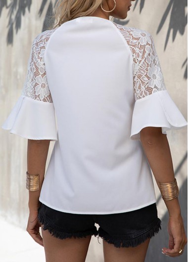 White tops,Plain Color tops,Patchwork White Round Neck Half Sleeve T Shirt