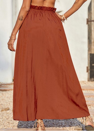Brick Red bottoms,Plain Color bottoms,Split Brick Red Maxi Elastic Waist Skirt