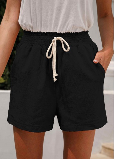 Black bottoms,Plain Color bottoms,Pocket Black Regular Elastic Waist High Waisted Shorts
