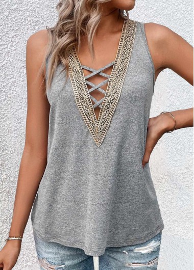 Grey tops,Plain Color tops,ROTITA Criss Cross Grey V Neck Tank Top