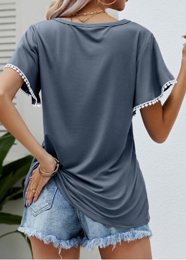 Grey tops,Plain Color tops,Patchwork Grey Round Neck Short Sleeve T Shirt
