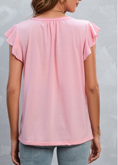 Light Pink tops,Plain Color tops,Ruffle Light Pink Split Neck T Shirt