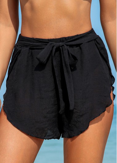 Black swimwear,Plain Color swimwear,Belted Cross Hem Black Beach Shorts