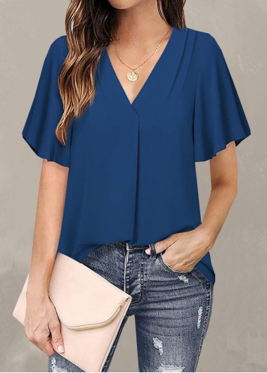 Navy tops,Plain Color tops,Navy V Neck Short Sleeve T Shirt