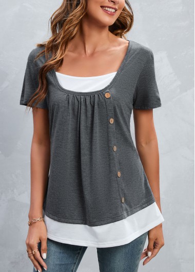 Grey tops,Contrast Color tops,Button Grey Square Neck Short Sleeve T Shirt