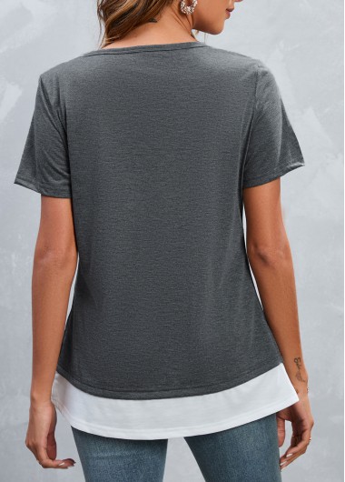 Grey tops,Contrast Color tops,Button Grey Square Neck Short Sleeve T Shirt