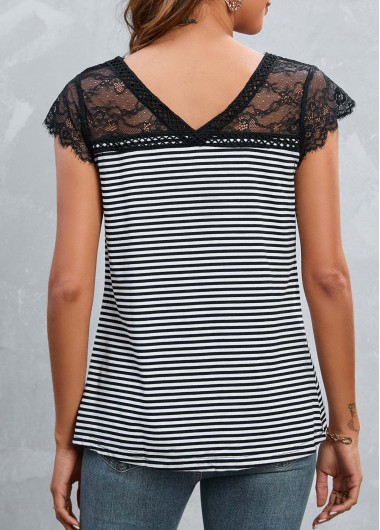 White tops,Black tops,Striped tops,Lace Patchwork Striped White V Neck T Shirt