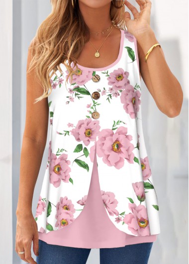 Pink tops,White tops,Floral tops,ROTITA Fake 2in1 Floral Print Pink Tank Top