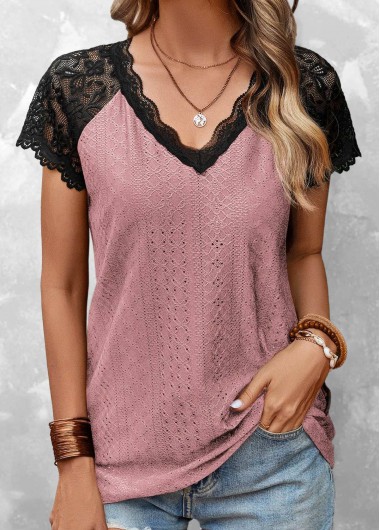 Pink tops,Contrast Color tops,ROTITA Lace Pink V Neck Short Sleeve T Shirt