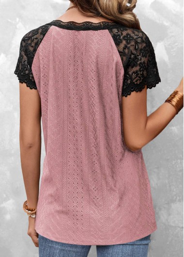Pink tops,Contrast Color tops,ROTITA Lace Pink V Neck Short Sleeve T Shirt