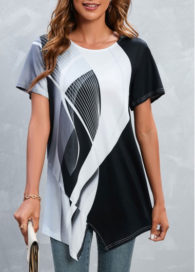 Black tops,White tops,Contrast Color tops,Striped tops,Geometric tops,Split Black Round Neck Short Sleeve T Shirt