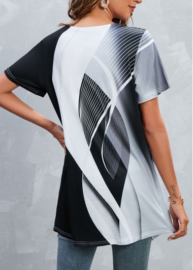 Black tops,White tops,Contrast Color tops,Striped tops,Geometric tops,Split Black Round Neck Short Sleeve T Shirt