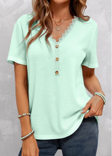Mint Green tops,Plain Color tops,ROTITA Lace Mint Green V Neck T Shirt