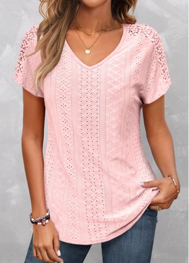 Pink tops,Plain Color tops,ROTITA Lace Pink V Neck Short Sleeve T Shirt