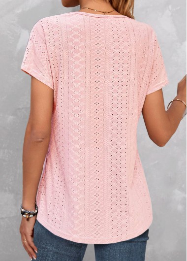 Pink tops,Plain Color tops,ROTITA Lace Pink V Neck Short Sleeve T Shirt