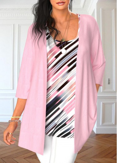 Light Pink tops,Striped tops,Geometric tops,ROTITA Two Piece Striped Light Pink Tank Top and Cardigan