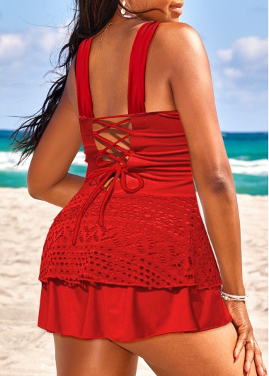 Red swimwear,Plain Color swimwear,ROTITA Lace Bowknot Layered Red Swimdress Top